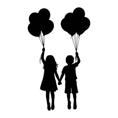 Siyah bir siluet. El ele tutuşan genç bir kız ve bir balon kümesi. Kız elbise giyiyor, oğlan şort ve tişört giyiyor. Düz beyaz bir arkaplanda duruyorlar..