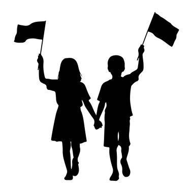 Küçük bir çocukla kızın el ele yürüdüğü siyah bir siluet. Çocuk sağda, şort ve tişört giyiyor. Kız solda, bir elbise giyiyor. İki çocuk da direkler üzerinde siyah bayraklar tutuyor. Bayraklar el sallayarak tasvir ediliyor.. 