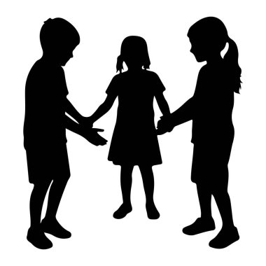 Bir çemberin içinde el ele tutuşan üç çocuğun siyah silueti. Ortadaki çocuk bir elbise giyerken, her iki taraftaki iki çocuk da şort ve tişört giyiyor. Ayakları görünür, ayakkabıları var. Arkaplan düz beyaz.
