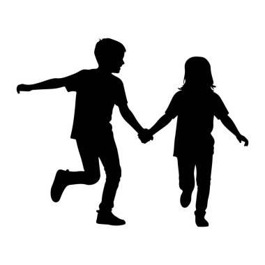 Siyah siluet bir oğlan ve bir kız el ele tutuşup koşuyor. Çocuk sol tarafta, kolu öne doğru uzanıyor. Kız sağ tarafta, kolu önde uzanıyor. İkisi de tişört ve pantolon giyiyor. Arkaplan beyaz.