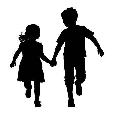 Siyah siluet bir oğlan ve bir kız el ele tutuşup koşuyor. Çocuk sağda, kollarını açmış bir tişört ve pantolon giyiyor. Kız solda, bir elbise giyiyor, saçları arkasından akarken koşuyor. İkisi de. 