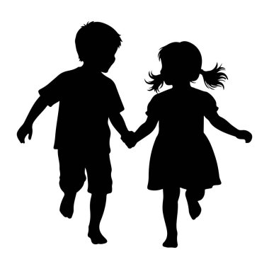 Koşarken el ele tutuşan bir kızla bir oğlanın siyah silueti. Çocuk solda, şort ve tişört giyiyor. Kız sağda, bir elbise giyiyor ve örgülü saçı var. İkisi de beyaz arka planda hareket halinde tasvir edilmiş..