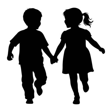 Siyah siluet bir oğlan ve bir kız el ele tutuşup koşuyor. Çocuk solda, tişört ve pantolon giyiyor. Kız sağda, bir elbise giyiyor ve saçları at kuyruğu şeklinde. Her ikisi de hareket halinde, bacakları sanki r 'ymiş gibi açık.