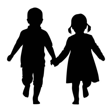 Siyah siluet bir erkek ve bir kız el ele tutuşup beyaz bir arka plana doğru koşuyorlar. Çocuk solda, gömlek ve pantolon giyiyor. Kız sağda, bir elbise giyiyor ve saçları örgü örgülü. Şekilleri resmedilmiş.