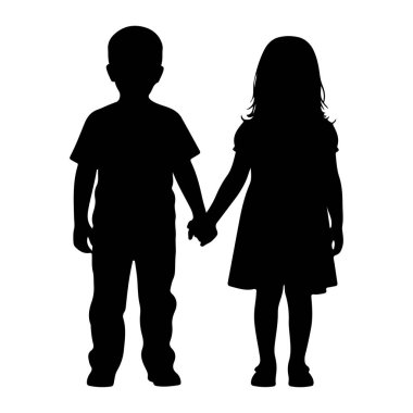 Siyah bir siluet genç bir oğlan ve genç bir kız yan yana duruyor ve el ele tutuşuyorlar. Oğlan tişört ve pantolon giyiyor, kız da elbise giyiyor. İkisi de beyaz bir arkaplanda öne bakıyor..