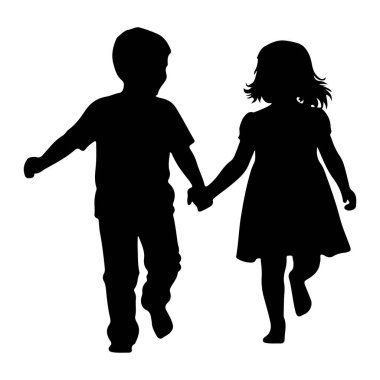 Siyah bir erkek ve bir kızın el ele tutuşup birlikte yürüdükleri bir siluet. Çocuk solda, sol kolu açık bir tişört ve pantolon giyiyor. Kız sağda, saçları dalgalı bir elbise giyiyor. İkisi de hareket halinde.