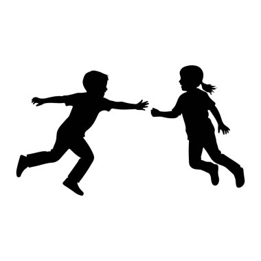 Beyaz arka planda hareket eden iki çocuğun siyah silueti. Soldaki çocuk kollarını açmış koşuyor, sağdaki kıza doğru uzanıyor ve o da koşuyor ve elini uzatıyor. Kızın at kuyruklu saçı var. Th