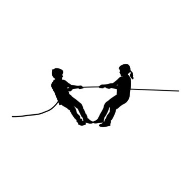 İki çocuklu siyah bir siluet, bir oğlan ve bir kız, çekişmeli bir çatışmada. İkisi de geriye doğru eğiliyor, yatay olarak çerçeve boyunca uzanan bir halatı çekiyor. Arkaplan düz beyaz.