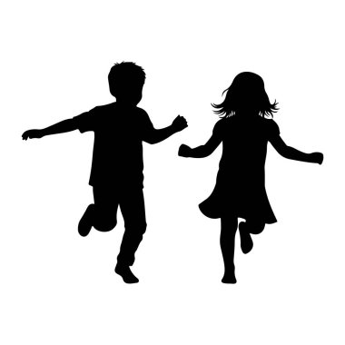 Bir erkek ve bir kızın siyah silueti yan yana koşan tasvir edilir. Çocuk solda, kollarını açmış bir tişört ve şort giyiyor. Kız sağda, bir elbise giyiyor, koşarken kollarını uzatıyor. İki şekil de.
