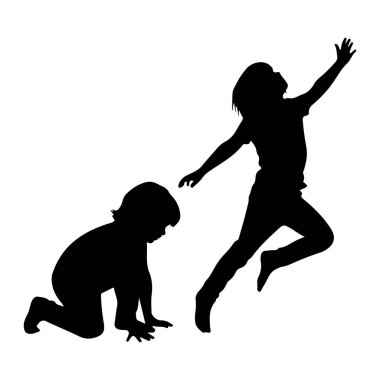 Beyaz arka planda iki siyah çocuk silueti tasvir ediliyor. Bir çocuk emekleme pozisyonunda, dizleri ve elleri yerde, aşağıya bakıyor. Diğer çocuk dinamik bir pozisyonda, bir kolu yukarıya doğru uzanmış şekilde sıçrıyor.