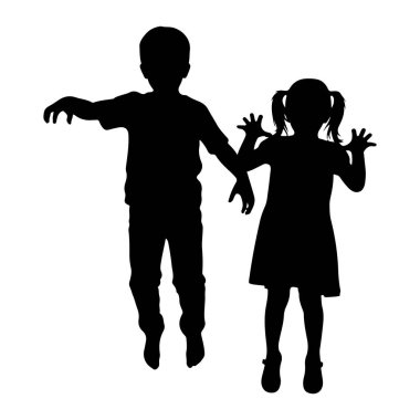 Genç bir erkek ve genç bir kızın siyah bir silueti beyaz bir arka planda yan yana duruyor. Çocuk solda, bir tişört ve pantolon giyiyor, kolları önde ve dirseklerinden hafifçe bükülmüş, elleri açık. Kız sağ tarafta.