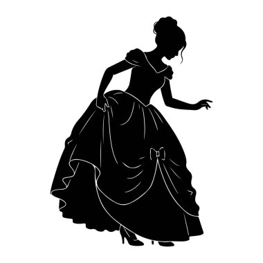 Voluminous balo elbisesi giymiş bir kadının siyah silueti başı eğik ve bir eli açık duruyor. Elbiseye uygun bir korse, kabarık kollar ve kumaşlı bir etek ve dekoratif bir fiyonk giyiliyor. O yüksek topuklu ayakkabı giyiyor.. 