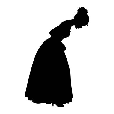 Siyah bir siluet, uzun, dalgalı resmi elbisesi olan, saçları taranmış bir kadın. Başını eğerek ve vücudunu beline doğru bükerek zarif bir şekilde eğilme hareketine yakalanır. Yüksek topukları elbisesinin eteğinin altında görünüyor.. 