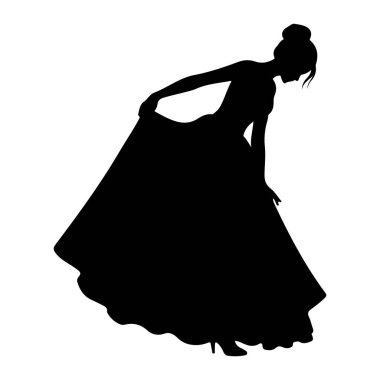 Uzun, dalgalı bir resmi elbise giyen bir kadının siyah silüeti. Öne doğru eğiliyor, tek eliyle elbisesinin kumaşını tutuyor, ve saçı topuz şeklinde. Silüet düz beyaz bir arkaplan üzerine kurulur.