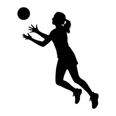 Havadaki genç bir bayan atletin siyah silueti karanlık bir topu yakalamak için uzanıyor. O, şort ve spor ayakkabıları da dahil olmak üzere atletik giysiler giyiyor. Vücudu dinamik açıdan dönük, harekete ve topa odaklanmaya işaret ediyor. Arkaplan pla