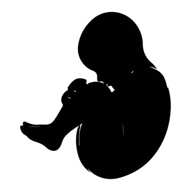 Bir fetüsün siyah silueti beyaz arka planda kıvrımlı bir pozisyonda tasvir edilir. Biçim basitleştirilir, kafanın, gövdenin, kolların ve bacakların ana hatlarını vurgular..