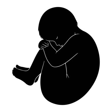Bir fetüsün siyah silueti beyaz arka planda kıvrımlı bir pozisyonda tasvir edilir. Şekil yandan gösteriliyor, kafası dizlerine doğru kıvrılıyor ve kolları bacaklarına sarılıyor. İnce beyaz çizgiler vücudun hatlarını vurgular