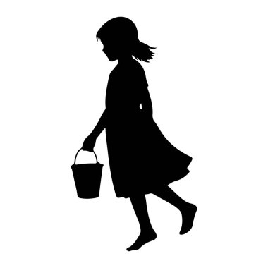 Elinde bir kova taşırken çıplak ayakla yürüyen siyah bir kız silueti. O bir elbise giyiyor ve onun saçı hafifçe akıyor. Resim beyaz bir arkaplanda izole edilmiştir.