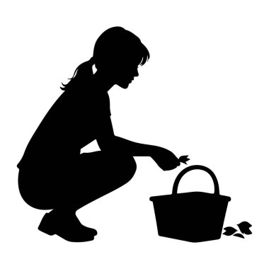 Bir sepetin yanında çömelmiş genç bir kızın siyah silueti. O, elinde küçük bir yaprak tutuyor, sepete yerleştiriyor gibi görünüyor. Birkaç yaprak sepetin yanında yere saçıldı. Arkaplan düz beyaz.