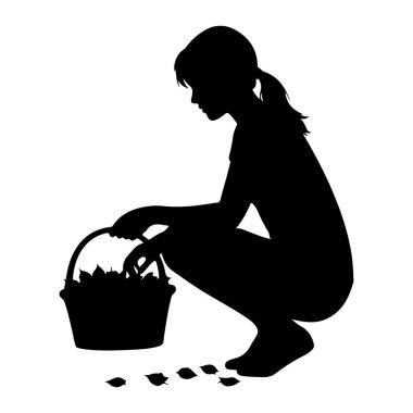 Bir sepetin içine yaprakları toplamak için çömelmiş genç bir kızın siyah silueti. Etrafına bir sürü yaprak saçılmış. Arkaplan beyaz.