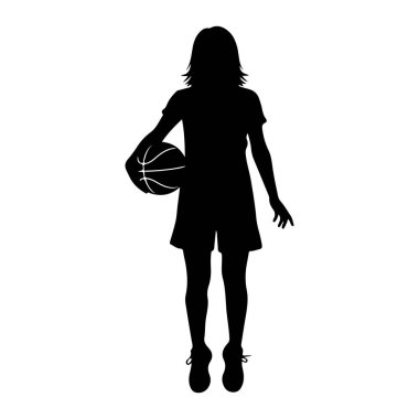 Elinde basketbol topu tutan siyah bir kız silueti. O, şort ve ayaklarında spor ayakkabıları olan bir tişört giyiyor. Saçları omuz hizasında. Siluet beyaz bir arkaplanda izole edilmiş, bu da temiz ve basit bir temsil olduğunu gösteriyor.
