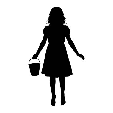 Sol elinde bir kova tutan genç bir kızın siyah silueti. O kısa, kabarık kollu bir elbise ve parlak bir etek giyiyor. Onun saçı kısa ve şekilli. Arkaplan düz beyaz.