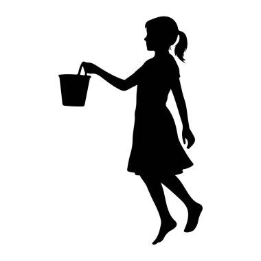 At kuyruklu, elbise giymiş ve sağ elinde kova tutan siyah bir kız silueti. Profilde, sol bacağı öne doğru uzanmış çıplak ayakla yürüdüğü resmedilmiştir. Arkaplan düz beyaz.