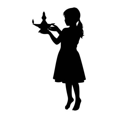 Çıplak ayakla dikilen, elbise giyen ve saçları at kuyruğu olan siyah bir kız silueti. Elinde bir gaz lambası, bir diya tutuyor. Lambada bir alev görünür, sembolik bir ışık yansıtır. Görüntü beyaz bir arka planda izole edilmiştir.