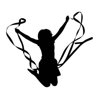 Genç bir kızın siyah bir silueti, kolları yukarı doğru uzanmış ve kollarında akmakta olan bir kurdele ile orta atlamada yakalanır. Kurdele vücudunun etrafında hareketlilik ve zarafeti gösteren dinamik ve girdap şeklinde bir şekil oluşturuyor. Görüntü net, siyah figürlü ve...