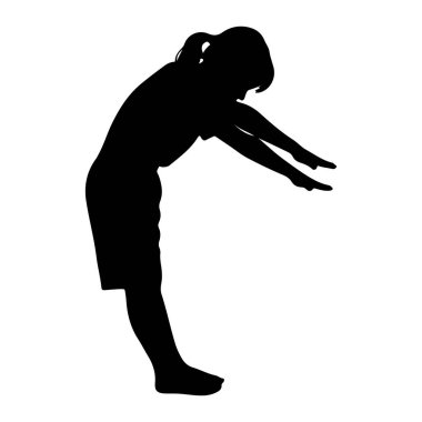 Yandan siyah bir kız silueti tasvir edilir, kollarını yere doğru uzatarak öne doğru eğilir. Saçları at kuyruğu şeklinde geri çekiliyor ve şort ve tişört giyiyor. Şekil beyaz bir arkaplanda izole edilmiştir..