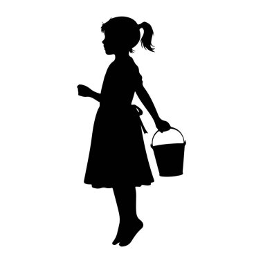 At kuyruklu, elbise giymiş ve elinde kova tutan siyah bir kız silueti. Yalın ayaktır ve düz beyaz bir arka plana karşı ayakta ya da hareket halinde gibi görünmektedir. Görüntü temiz, grafik bir illüstrasyon.
