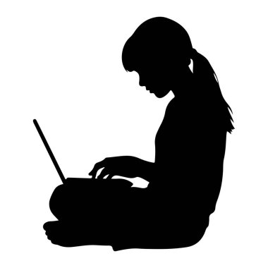 Beyaz bir arka planda bacak bacak üstüne atmış genç bir kızın siyah silueti. O, soluna bakıyor, önünde açık olan bir dizüstü bilgisayara bakıyor. Elleri klavyenin üzerinde, yazdığını ya da etkileşimde olduğunu gösteriyor.