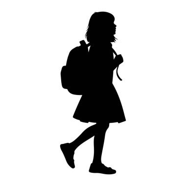 Soldan sağa yürüyen siyah bir kız silueti. Omuzlarında bir sırt çantası var ve bir elbise ve ayakkabılar giyiyor. Arkaplan beyaz.