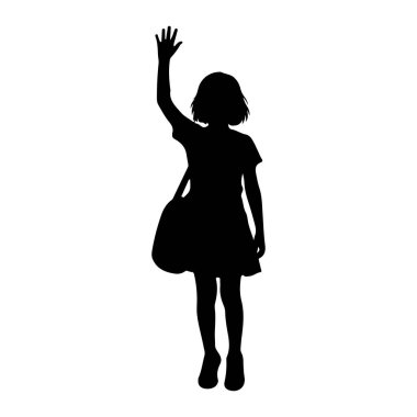 Genç bir kızın siyah silueti sağ kolunu kaldırıp elini sallıyor. Kısa kollu bir elbise giyiyor ve sol omzunda bir çanta asılı gibi görünüyor. Siluet beyaz bir arkaplanda izole edilmiş..