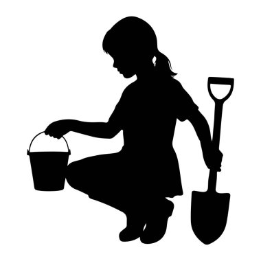 Bir elinde kova ve yanında duran kürekle çömelmiş genç bir kızın siyah silueti. Kızın at kuyruklu saçı var ve elbise giyiyor. Resim beyaz bir arkaplanda izole edilmiştir.