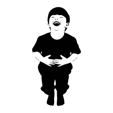 Küçük bir çocuğun siyah silueti beyaz bir arkaplanda duruyor, kahkahaların ortasında yakalanmış. Çocuğun kafası geriye doğru eğilmiş, ağzı neşe içinde kahkahalarla sonuna kadar açılmış, gözleri sıkılmış. Elleri karınlarına yapışmış, bu normal bir jest.