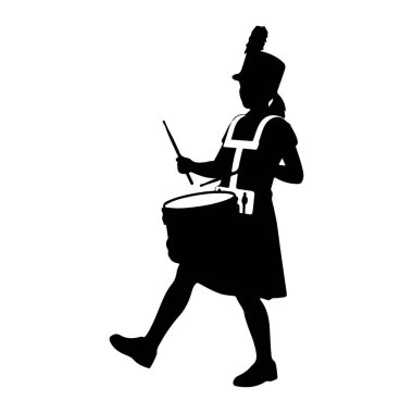 Bando üniformalı, uzun tüylü bir şapka takan genç bir kişinin siyah silueti profil ile resmedilir. Şekil bagetleri tutuyor ve bellerine sarılı bir davul çalıyormuş gibi görünüyor. Silh.