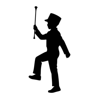 Üniformalı ve şapkalı bir gencin siyah silueti bir sopayla yürürken resmedilir. Sol bacağı bir yürüyüş adımında yükseliyor ve sağ kolu sopayı tutarak yukarı doğru uzanıyor. Şekil beyaz bir arkaplanda izole edilmiştir..