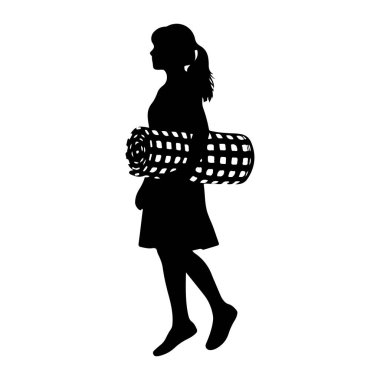 Profilde bir kadının siyah silueti beyaz bir arkaplanda resmediliyor. O bir elbise giyiyor ve saçları at kuyruğu. Vücudunun sağ kolundan tutarak yatay olarak bir minder taşıyor. Paspasın görünür bir denetleyicisi var