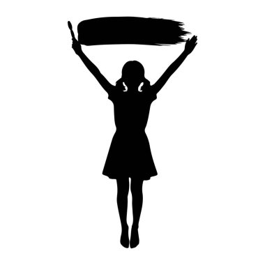 Siyah bir siluet, muhtemelen bir kadın, kolları havada duruyor, bir elinde fırça tutuyor. Fırça, görüntünün üzerinde geniş ve kalın bir siyah çizgi oluşturur. Şekil beyaz bir arkaplanda izole edilmiştir..