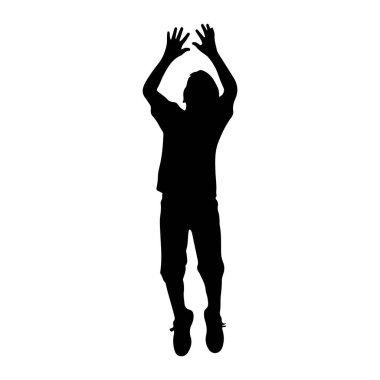 Bir kişinin siyah silueti iki kolu yukarı ve elleri açık bir şekilde orta atlamada yakalanır. Bu figür şort ve tişört giyiyor gibi görünüyor. Siluet, dinamik duruşu vurgulayarak, düz beyaz bir arkaplan üzerinde izole edilir ve 