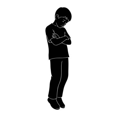 Siyah bir çocuk silueti kollarını kavuşturmuş ve başını eğmiş aşağı bakıyor. O bir tişört ve pantolon giyiyor. Resim beyaz bir arkaplanda izole edilmiştir.