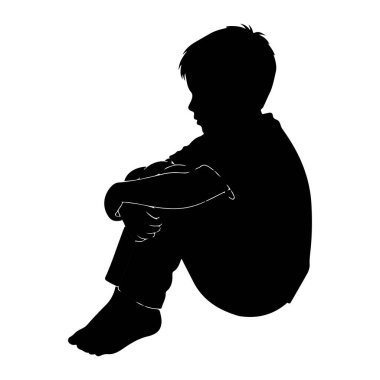 Dizleri göğsüne çizilmiş, kıvrılıp oturan siyah bir çocuk silueti. Profilde sola bakıyor, kolları bacaklarına dolanmış. Onun saçı kısa ve dikenli. Çıplak ayakları görülebiliyor. Arkaplan düz beyaz.