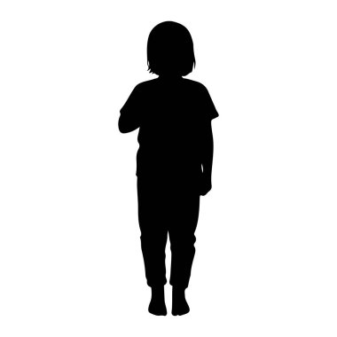 Siyah bir çocuk silueti beyaz bir arkaplana karşı karşıya duruyor. Çocuğun kısa saçı var ve bir tişört ve pantolon giyiyor. Ayakları dipte görünür..