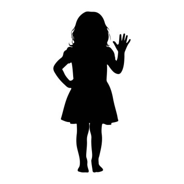 Siyah bir çocuk silueti beyaz bir arkaplana karşı karşıya duruyor. Çocuk bir elbise giyiyor ve bir eli el sallayarak hareket ediyor. Diğer el de kalçanın üstüne. Siluet temiz ve basit, ayırt edilemiyor.