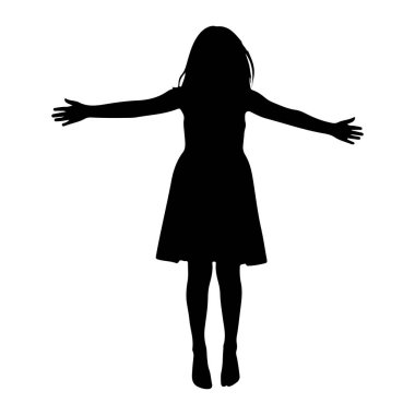 Kollarını iki yana açmış genç bir kızın siyah bir silueti. Onun uzun saçları var ve bir elbise giyiyor. Arkaplan beyaz.