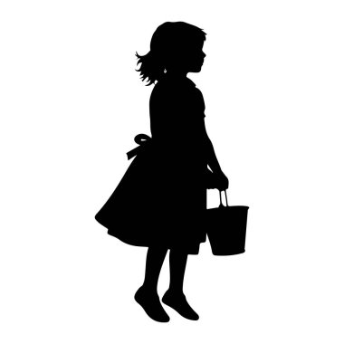 Profilde duran, sağ elinde kova tutan siyah bir kız silueti. Arkasına fiyonk bağlanmış bir elbise giyiyor ve önlük gibi görünüyor. Onun saçı kısa ve şekilli. Ayakları çıplak ve hafifçe sivri. Şey... 