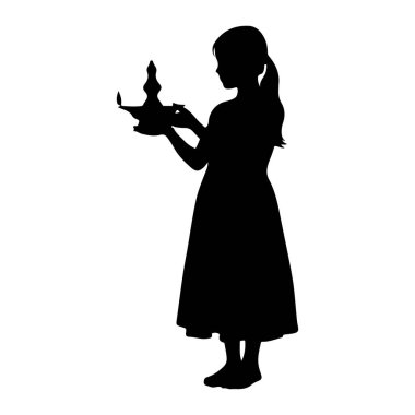 Elinde geleneksel bir gaz lambası tutan siyah bir kız silueti sola dönük duruyor. Lambanın dekoratif bir tabanı ve ağzından çıkan alevler var. Kız uzun, dalgalı bir elbise giyiyor ve saçları at kuyruğu şeklinde bağlanmış. Onun. 