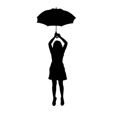 Kafasının üstünde açık bir şemsiye tutan siyah bir kız silueti. O bir elbise giyiyor ve kollarını kaldırdı. Arkaplan beyaz.