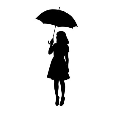 Ayakta duran ve kafasının üstünde açık bir şemsiye tutan siyah bir kadın silueti. O bir elbise ve ayakkabı giyiyor. Arkaplan düz beyaz.